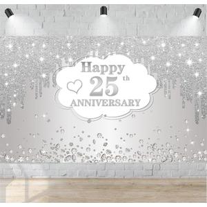 25th Wedding Anniversary Banner Decorations, Silver 25 th Wedding Anniversary Decorations Decor Poster Photography for Backdrop, Silver Happy 25 Anniversary Party Supplies, 72.8x43.3 Inches