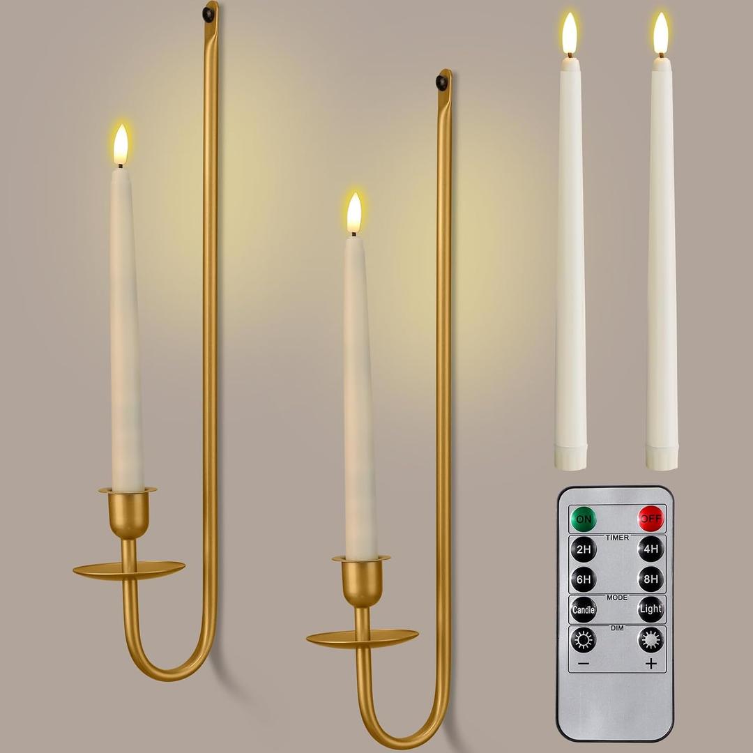 Tessco for you Metal Wall Mount Candle Sconces with 9.6" LED Flameless Taper Candles and Remote Timer 16.5" Wall Hanging Sconces Set for Living Room Fireplace Hallway Stairway(Gold,2 Set)