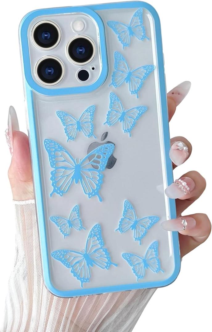 Yeddabox Compatible for iPhone 13 Pro Case Butterfly Cute Phone Case Transparent Full Camera Protection Soft TPU Shockproof Cover for Women Girls - Blue