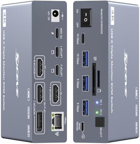 USB C KVM Switch 3 Monitors 2 Laptops 4K@60Hz, Displaylink USB C Docking Station 3 Monitor KVM for Windows Mac M1 M2 M3 M4, Extended Triple Displays,PD 100W,USB 3.0,USB 3.2,SD/TF,1G Ethernet