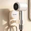 Hair Dryer Holder Wall Mounted Suction Cup Blow Dryer Stand with Cord Organizer Compatible with All Dryer 360Adjustable No Drill Installation Hair Dryer Stand for Bathroom, Bedroom (Cream White)