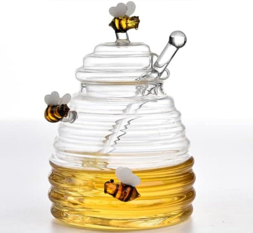 Glass Honey Jar with Dipper and Lid Little Bee Honeypot Bee Pot 17oz for Honey Syrup Jam Storage Honey Containers