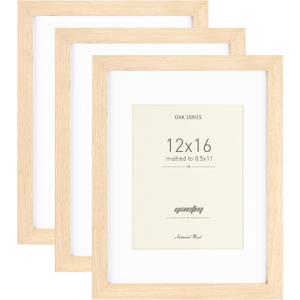 Yaetm Oak 12x16 Picture Frame Matted to 8.5x11 Set of 3, Natural Solid Wood 12x16 Frame for Wall Mount, Wide Molding (3 pack, Oak)