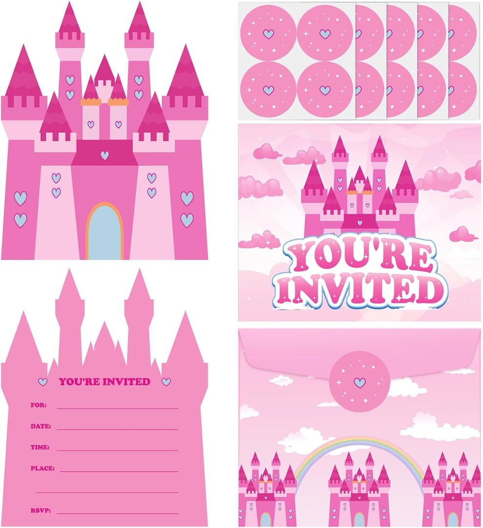 Hot Pink Princess Castle Birthday Party Invitations Cards Girl with Envelopes Stickers for Girls Princess Themed Party Baby Shower Celebration Decorations Supplies Decor Favors,20 Set
