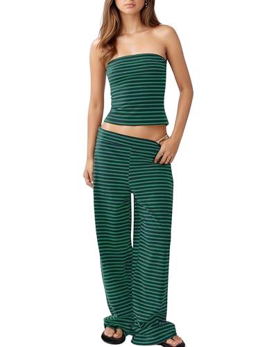 AICHARMWA Women's Striped Two Piece Sets Cropped Tube Top and Wide Leg Pants Lounge Matching set with Pockets(031-Blue-M)