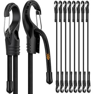 8-Piece 48-inch Adjustable Bungee Cords with Hooks, Heavy Duty Outdoor Carabiner Bungee Straps, Easily Adjust from 7" to 48", Black Super Elastic Cord for Cargo, Camping, Bike Racks, Tents