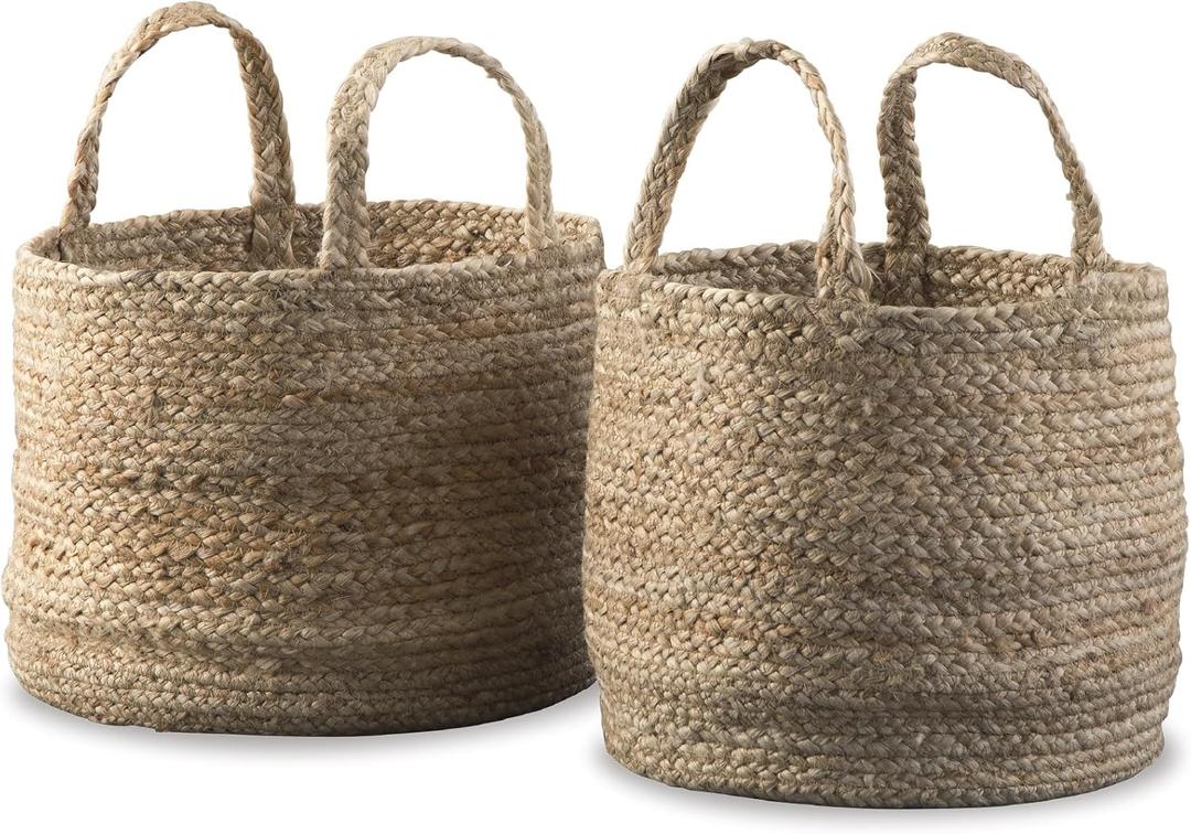 Signature Design by Ashley Brayton Jute 2 Piece Braided Basket Set With Handles, Large Basket 14" W x 14" D x 11" H, Medium Basket 12" W x 12" D x 10" H, Light Brown