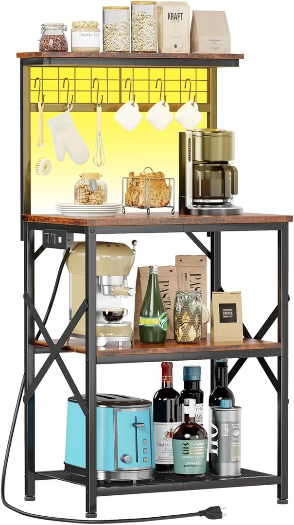 Furologee Bakers Rack with Power Outlet and LED Light, Small Microwave Stand with 4 Tier Shelves, Coffee Bar Station Table with 6 S Hooks, Kitchen Storage Rack for Spices, Pots, Rustic Brown