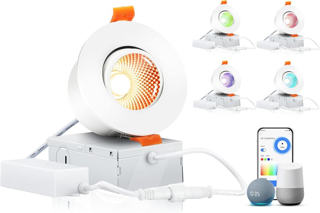 CLOUDY BAY 3inch Eyeball Smart LED Recessed Lights,Color Changing Recessed Lighting,Compatible with Alexa and Google Home Assistant,Pack of 4 (Rgbcw / Wifi)