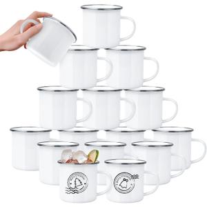 16 Pack Sublimation Blanks Enamel Mug Camping Outdoor Coffee Travel Metal Mug with Silver Rim for Heat Transfer DIY Gift White 12oz