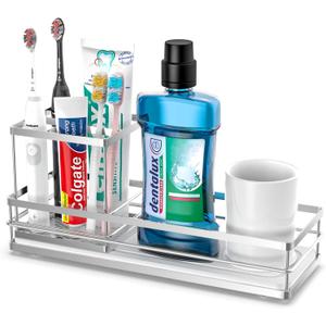 Silver Toothbrush Holders for Bathrooms, 4 Slots Tooth Brushing Organizer, Electric Tooth Brush Toothpaste Holder, Kitchen Countertop Sink Caddy Storage