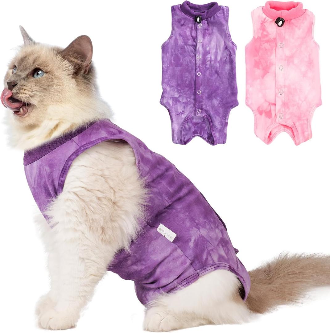 2Pack Cat Surgery Recovery Suit Female,Cat Onesie for Cat After Surgery Female,Kitten Spay Surgical Recovery Suit Stop Licking Abdominal Wound,Pink&Purple M (M (3.5-7lb))