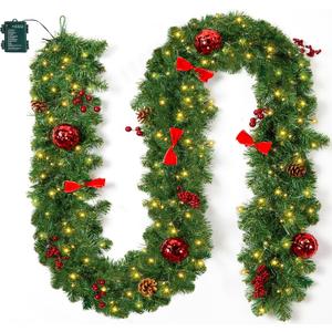 Brightown 9FT Christmas Garland with Lights, Battery Operated Prelit Garland with Pinecones, Berries, Bows, Ornaments, 100 LED White Lights, 8 Modes, Timer, for Mantle, Stairs, Fireplace, Door, Fence