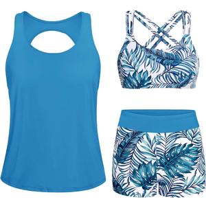 Yonique 3 Piece Tankini Swimsuits for Women Swim Tank Top Bathing Suits with Boy Shorts and Bra Athletic Swimwear (XX-Small, Black & Army Green)
