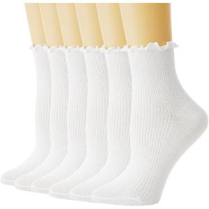 Womens Ruffle Socks, 6 Pairs White Lettuce Edge Turn-Cuff Cotton Frilly Ankle Crew Boot Socks (5-9)