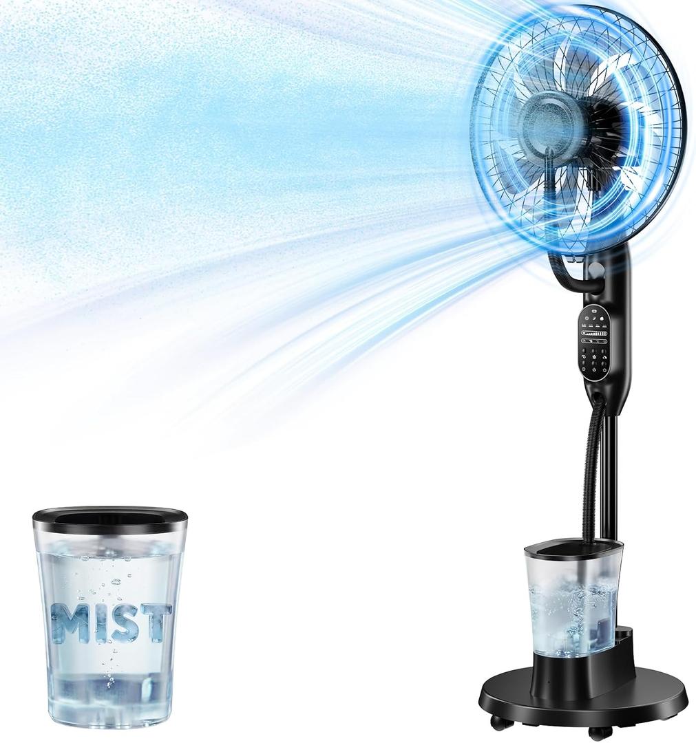 Misting Fan, 16'' Standing Fan with Humidifier, Oscillating Fan with 9 Speeds 7H Timer, Fan for Bedroom, Pedestal Fan Indoor Only - 2026 Upgraded