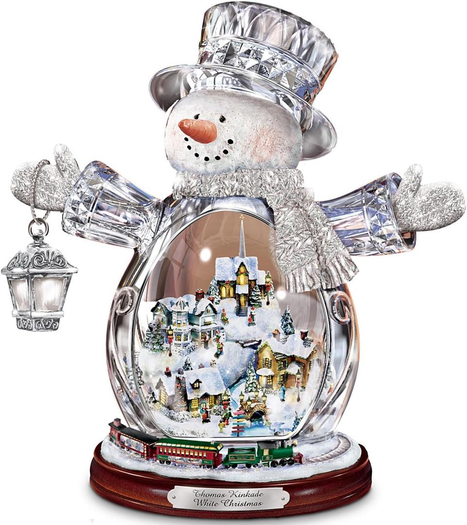 Thomas Kinkade White Christmas Crystal Snowman, Handcrafted Figurine with Lighted Village and Moving Train, Bradford Exchange Collectible