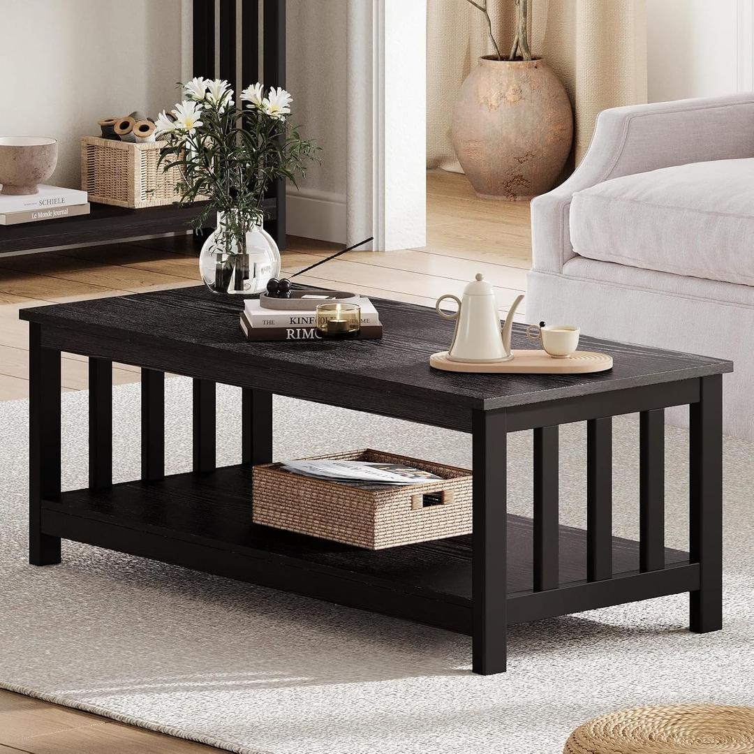 ChooChoo Mission Coffee Table, Black Wood Living Room Table with Shelf, 47 inch, 22"d X 47.2"w X 18.1"h