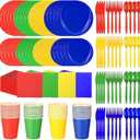 Dandat 280 Pieces Complete Party Tableware Pack 9" 7" Dinner Dessert Paper Plates 9oz Cups Napkins Plastic Forks Knives Spoons for Birthday Carnival Supplies, Serves 40(Blue Red Green Yellow)