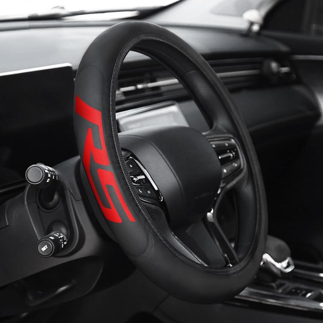 Premium Leather Steering Wheel Cover Compatible with Chevy Camaro RS, Universal Fit 14-15 Inch, Breathable, Comfortable Grip, Lightweight, Easy Install Accessory