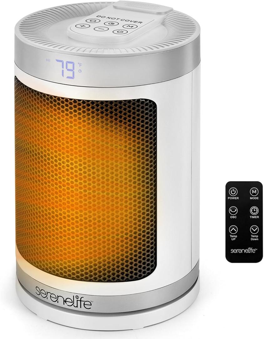 SereneLife Portable Space Heater  1500W PTC Ceramic Electric Heater with Thermostat, Remote, 12-Hour Timer, 3 Heating Modes, Oscillation, Safe & Quiet for Home, Office, Bedroom (White)