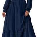 BTFBM Women Maxi Spring Dresses 2026 Long Sleeve Solid Color Square Neck Smocked Boho Long Wedding Guest Dress(Navy,X-Large)