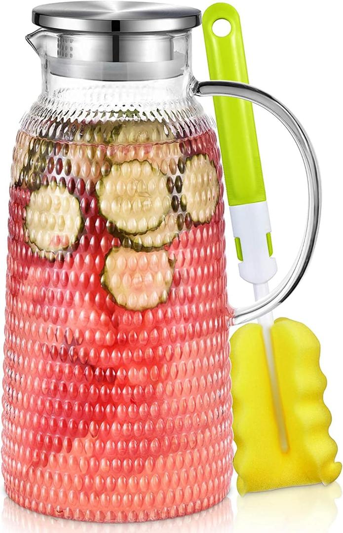 Aofmee 80oz Glass Pitcher with Lid, 2.4 Liter Water Pitcher, Glass Carafe for Cold or Hot Beverages, Sun Tea Jar, Easy Clean Heat Resistant Glass Jug for Juice, Milk