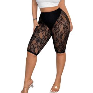 Women's Plus Size Floral Lace High Waisted Shorts Sheer Mesh Casual Leggings (XX-Large Plus, Black)