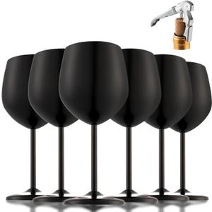 Stainless Steel Wine Glasses, Unbreakable Gold Wine Glass 18 oz Unique Metal Wine Goblets for Outdoor, Travel, Camping, Pool, Ideal Gift for Wine Lovers (6 cups + 1 bottle opener) (Black)