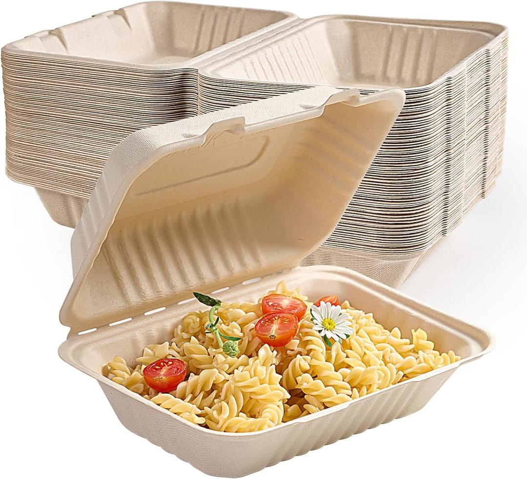 ECOLipak 500 Pack Clamshell Take Out Food Containers, 100% Compostable Disposable To Go Containers, 9X6 inch Heavy-Duty To Go Boxes for Food