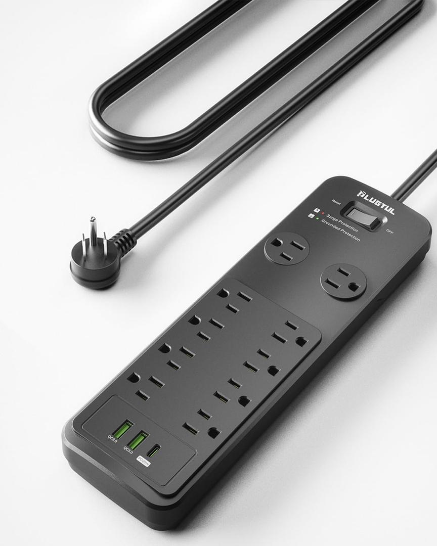 Surge Protector Power Strip 10FT, PLUGTUL Surge Protector with 10 Outlets - Spacious Design for Large Plugs, Flat Plug, 20W USB C Charging for Home, Office, ETL Listed，2040J