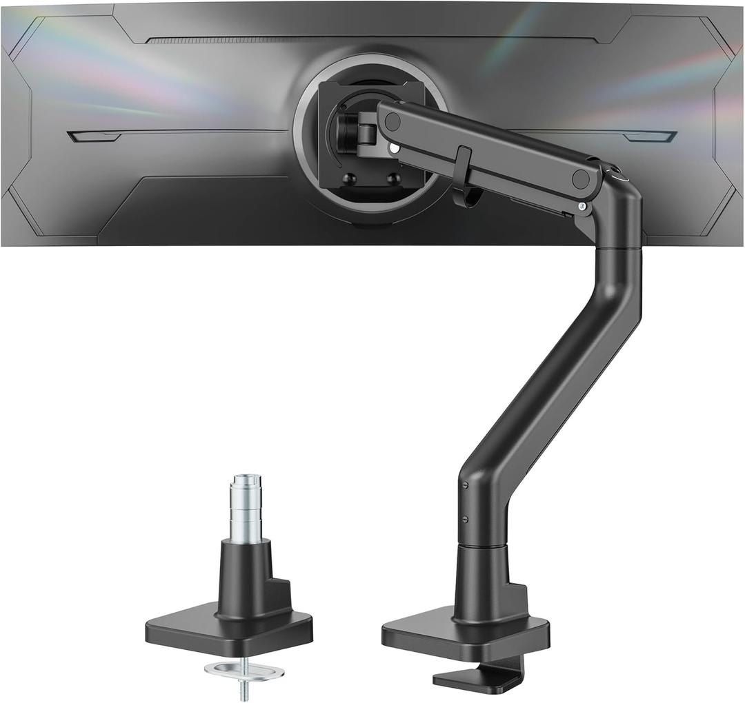 MonTEK Heavy-Duty Monitor Arm for 17-57" Ultrawide Curved Screen, Supports up to 59.4 lbs, Adjustable Gas Spring Arm, 75/100 VESA Mount, Clamp & Grommet Desk Monitor Mount Single, Black