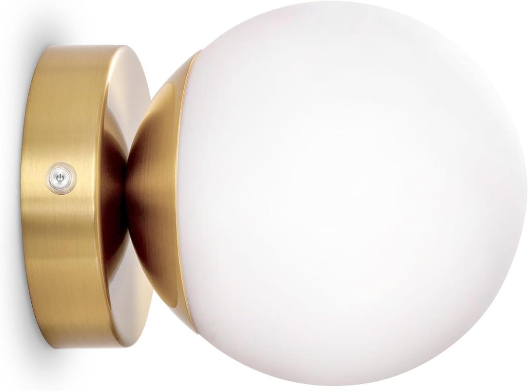 Battery Operated Rechargeable Wall Sconce Single, Brushed Gold Opal Glass Globe Wall Lamp, Wireless Touch & Remote Control, Dimmable 3 CCT + 12 RGB Colors for Bedroom Living Room Hallway