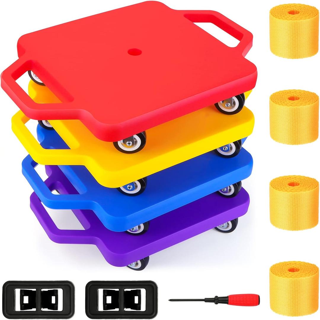 4 Pack Sports Scooter Board with Handles, Floor Sitting Scooter Board with Non-Marring Plastic Casters for Kids Gym Indoor Outdoor Play, 12 Inches