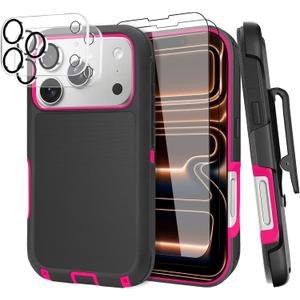 for iPhone 17 Pro Case (6.3"), with Belt Clip Holster and 2 Screen Protector+2 Camera Lens, Tough Durable, Military- Grade Shockproof Drop Protection, w 360Rotating Kickstand, Heavy Duty Cover-Black Rose
