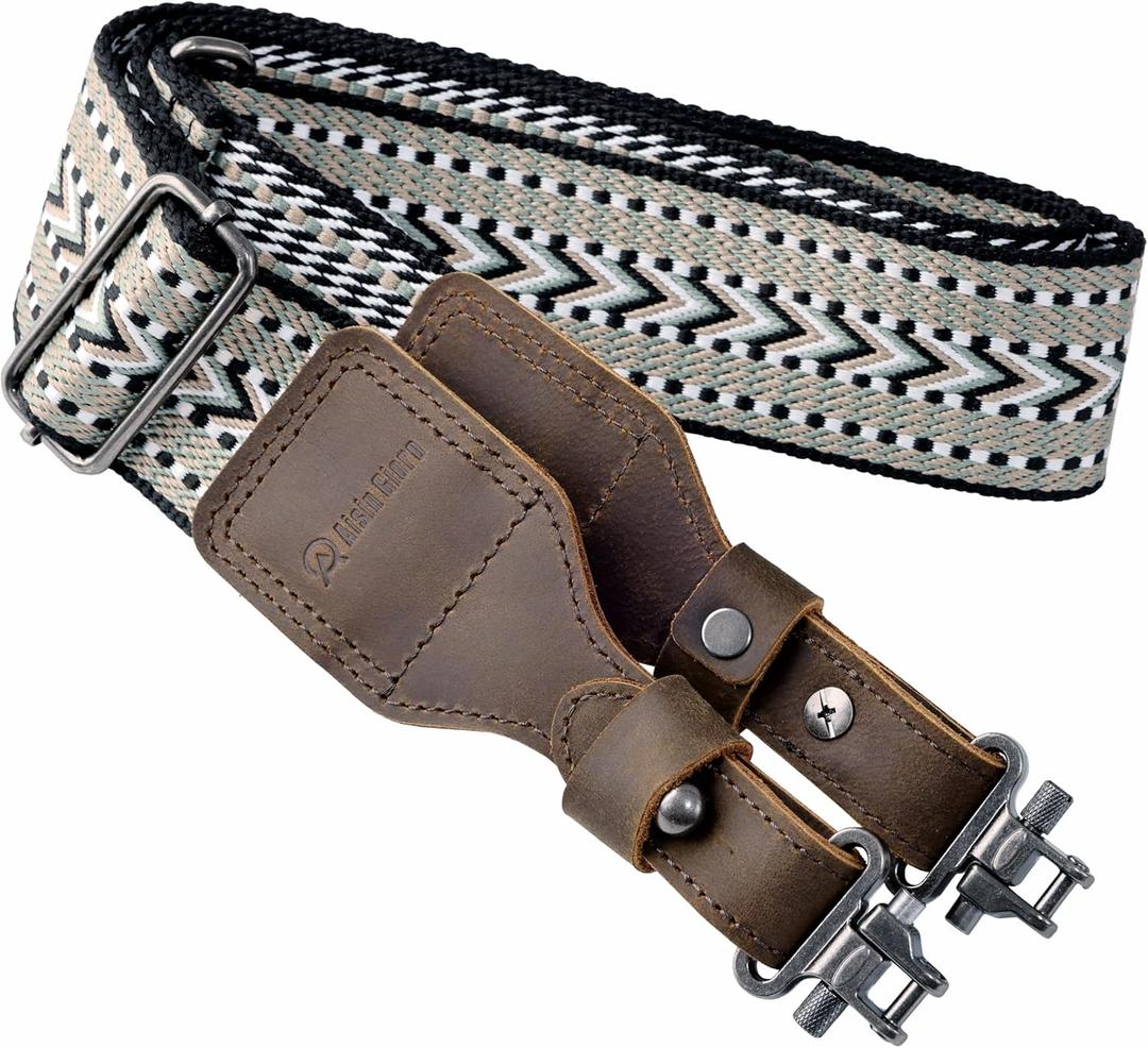 Aisin Gioro Rifles Slings, 2" Wide Weave Cotton Slings with Double Layer Crazy Horse Leather Ends and for Rifles and Shotguns, Equip Sling Swivels (Retro green weave)