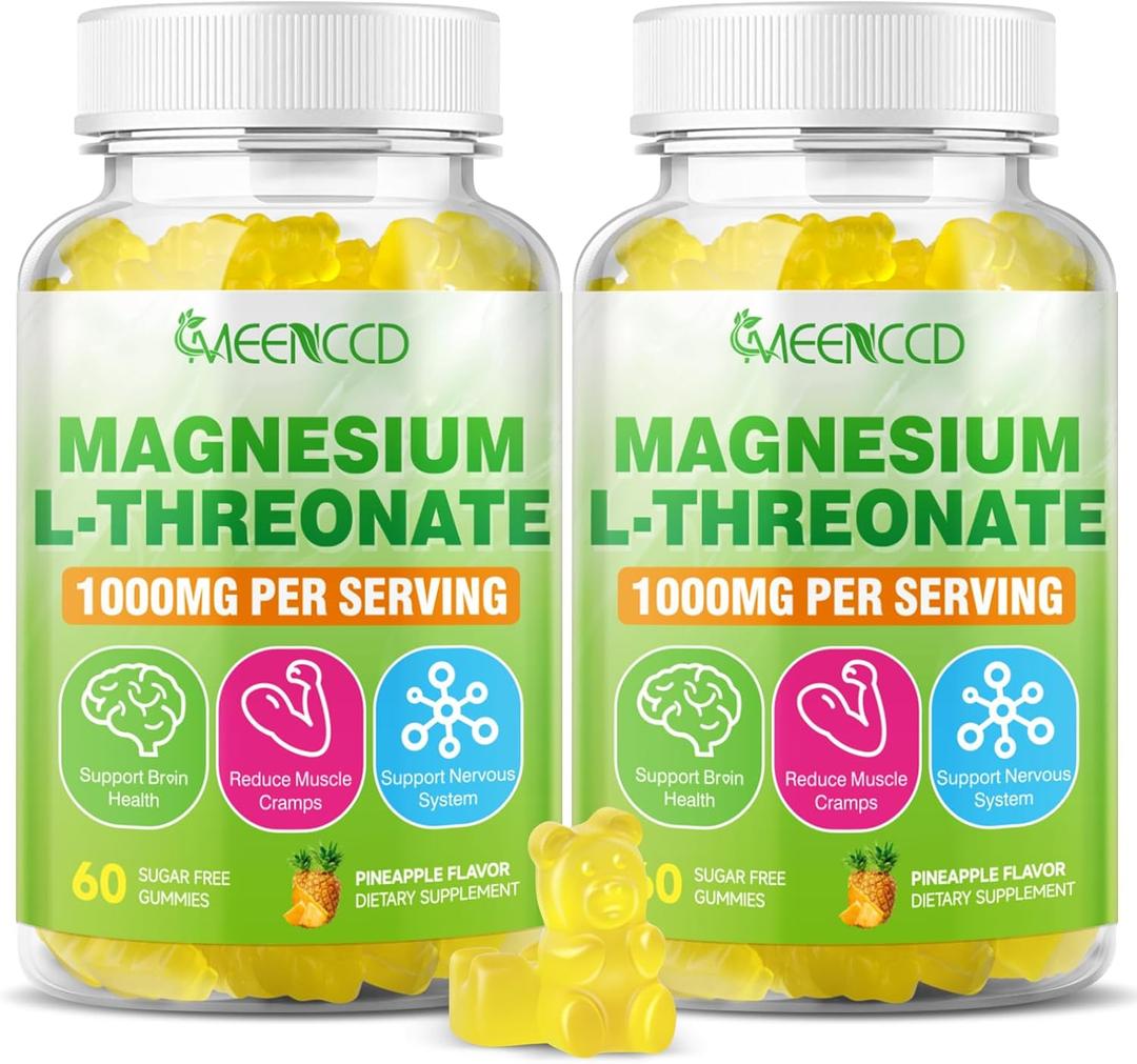2 Pack Magnesium Threonate Gummies 1000mg, Magnesium L-Threonate Supplement for Kids & Adults, Muscle & Nervous System Support, Non-GMO, Sugar-Free, Pineapple Flavor, 120 Count