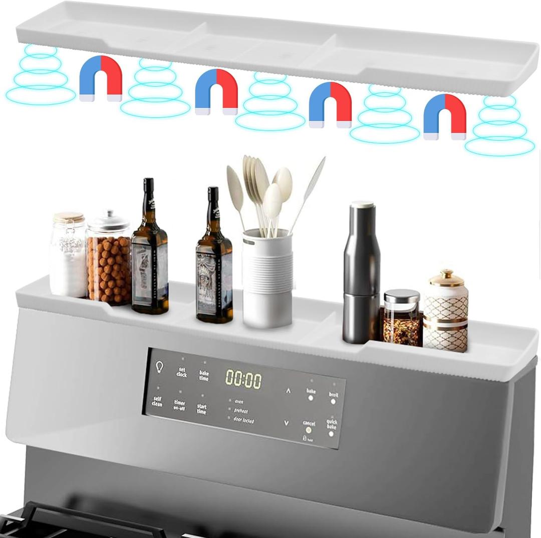 Silicone Magnetic Stove Shelf For Back Of Stove - Over The Stove Shelf, Magnetic Stove Top Shelf, Over The Stove Spice Rack, Oven Shelf For Top Of Stove, Heat Resistant, Includes 6 Extra Plates, White