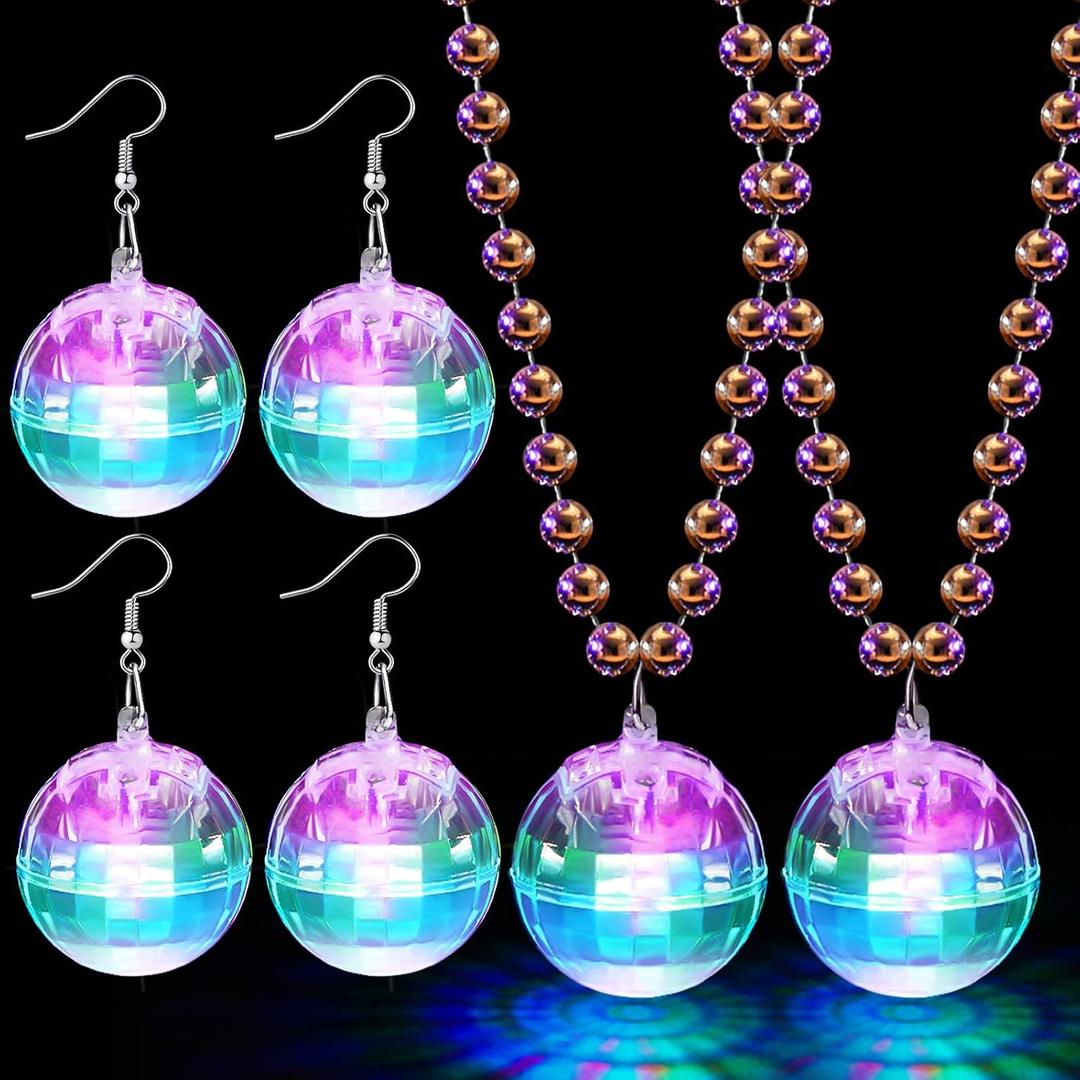 Sasylvia 4 Pcs LED Disco Ball Earrings and Necklaces, 2 Light up Necklace and 2 Pairs Light up Earring, 70s 80s Disco Ball Set for Christmas New Year Eve Dance Party Favor(Multicolor)