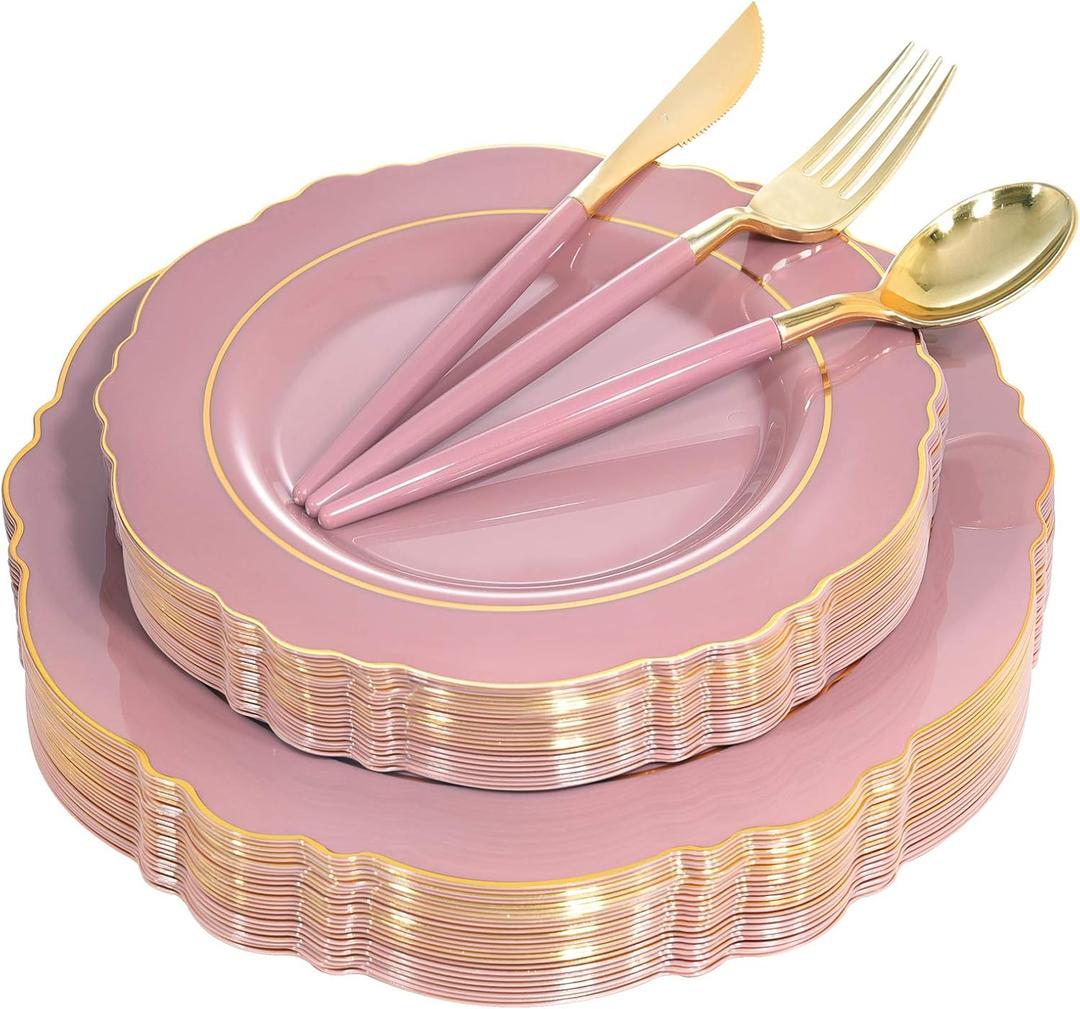 Nervure 100PCS Mauve Pink Plastic Plates With Gold Rim - Mauve and Gold Disposable Plates with Mauve Handle For Wedding & Party Serve for 20 Guests