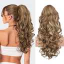 REECHO Ponytail Extension, 20” Claw Clip Ponytail Extension Curly Clip in Ponytail Long Pony Tails Hair Extensions for Women Fluffy Natural Looking Synthetic Hairpiece, Light Brown with Highlights