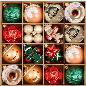 Gingerbread Christmas Ornaments, 42ct Red Green Brown Christmas Tree Decorations, Shatterproof Christmas Hanging Balls Ornament for Mini Tree Centerpiece Home Decor