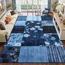 DweIke Washable 8x10 Area Rugs for Living Room, Large Modern Geometric Floral Bedroom Rug, Non-Slip and Stain Resistant Low Pile Throw Carpets for Dining Room Home Hardwood Floor Decor, Navy Blue