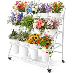 Qidejoy Flower Cart Display Stand with 12 Buckets & Wheels, Flower Bar Stand, Moving Florist Bouquet Shelf, Bouquet Bar, White Metal 3 Tier Floral Stand for Outdoor, Indoor, Patio, Garden, Wedding