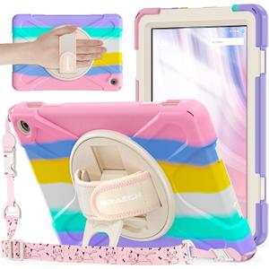 BRAECNstock Kids Case for Amazon Fire HD 10 Tablet 13th Gen 2023 Shockproof Protective Kindle Fire HD 10 Case with Screen Protector Rotating Hand Strap+Stand Shoulder Strap Pen Holder - Colorful Pink