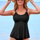 Aleumdr Women's Tankini Bathing Suit 2 Piece Tummy Control Swimsuit Scallop Trim Tankini Top with Bottom (Black, L)
