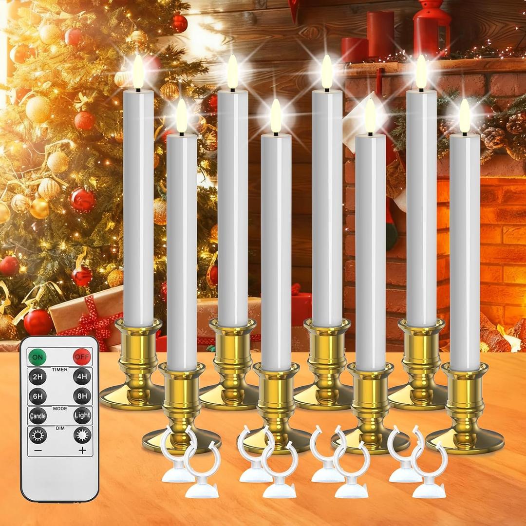 Christmas Window Candles, 8pcs Christmas Flameless Taper Candles Battery Operated with Remote & Timer, Candlestick, Suction Cups for Christma/Home/Wedding