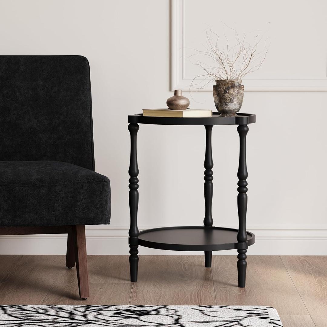Accent Wood End Table, 2-Tier Round Bedside Table, Natural Side Table Nightstand for Family, Bedroom, Living Room, Handcrafted Finish, Black (16.5 inch)