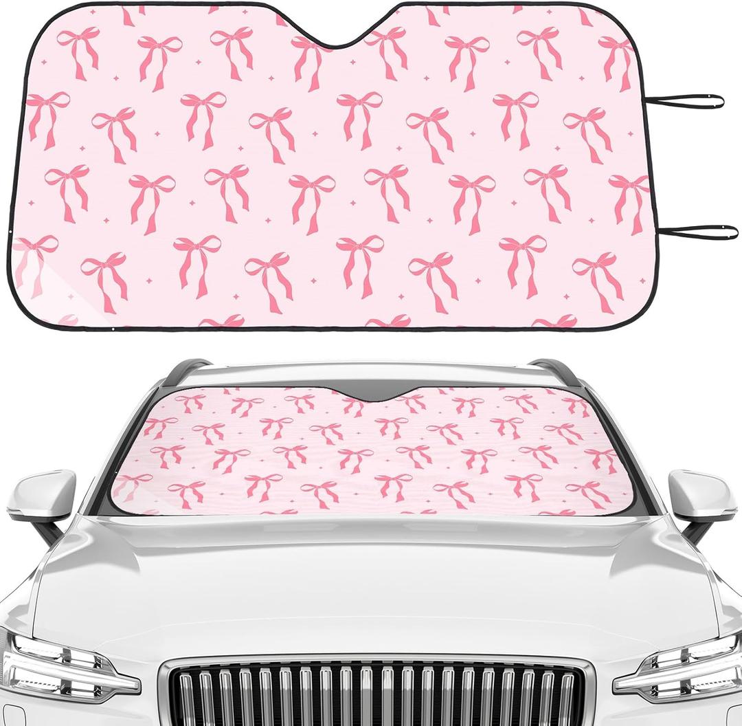 DaisyInner Pink Bow Car Windshield Sun Shade Cute Cars Visor Front Windshield Sun Protector to Keep Cooler Vehicle Automotive Sunshade Interior Heat and UV Protection 55 x 27.6 Inch (White)