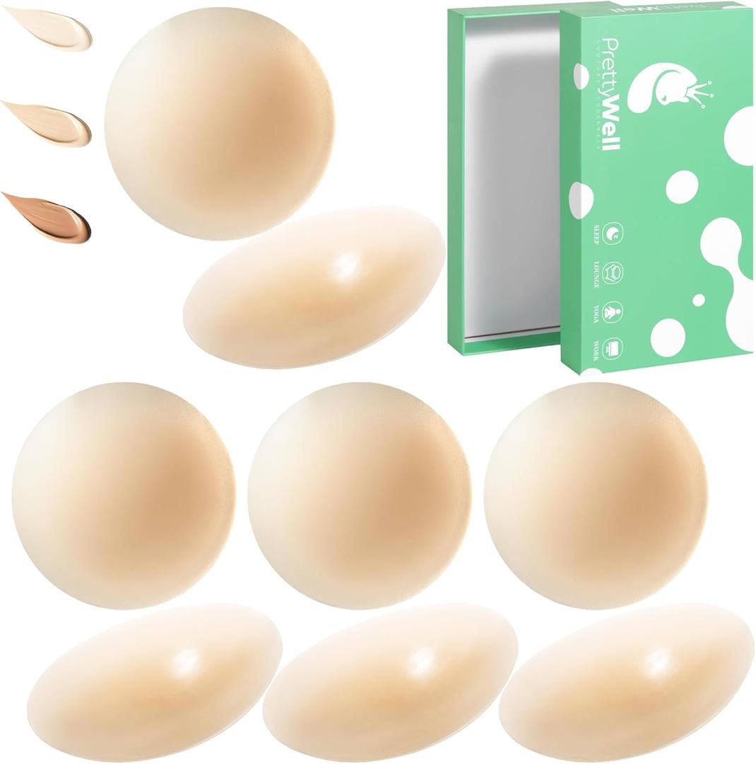 PRETTYWELL Nipple Covers No Show 4 Pairs Large Sticky Nipple Pasties Seamless Reusable Thin Breast Petals Nude (L)